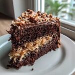 A decadent slice of german chocolate cake featuring dark layers, coconut-pecan filling, and topped with chocolate frosting and nuts.
