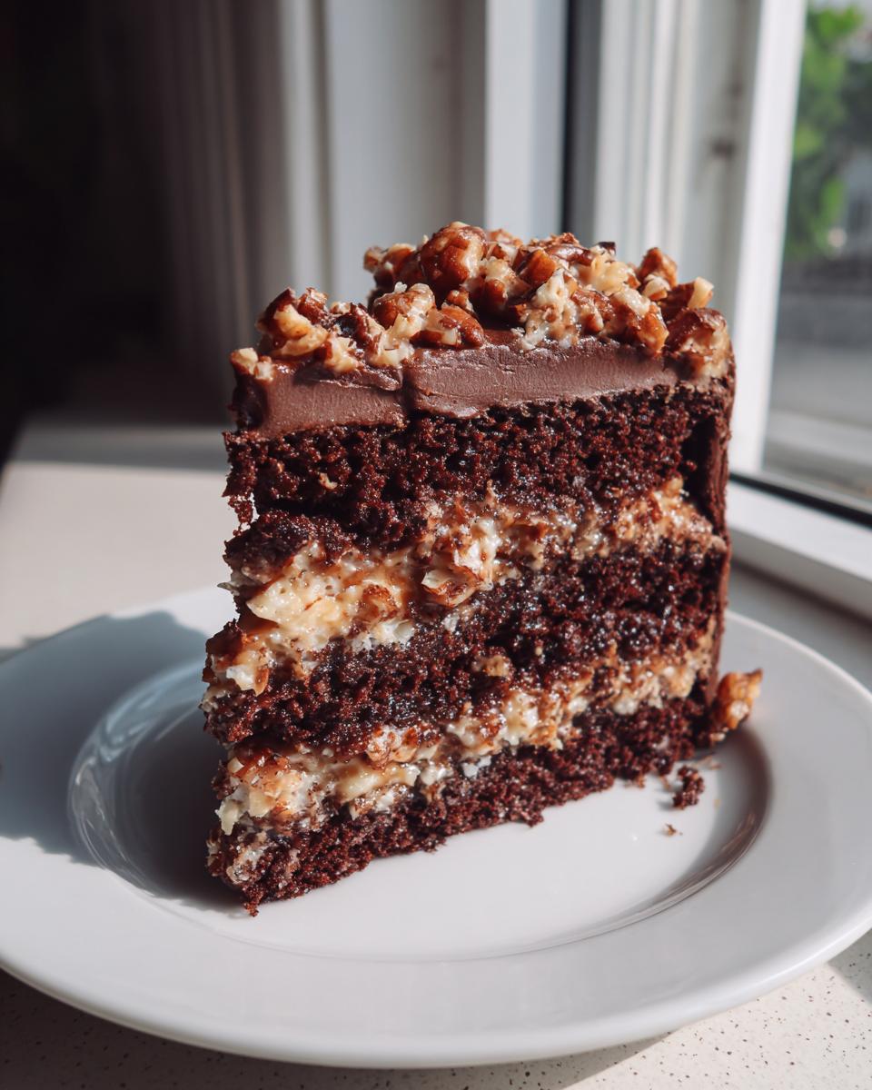 A tall slice of multi-layered german chocolate cake topped with pecans, sitting on a white plate.