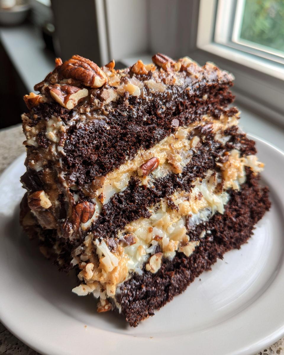 A decadent slice of german chocolate cake showing dark layers, coconut-pecan filling, and whole pecans on top.