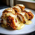 Close-up of sliced chicken cordon bleu with melted cheese and sauce oozing out onto a white plate.