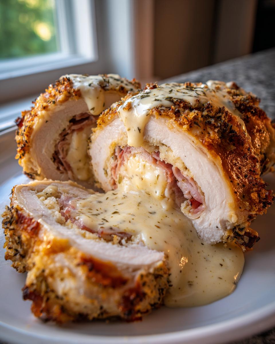 Cross-section of breaded chicken cordon bleu stuffed with ham and melted cheese, drizzled with cream sauce.