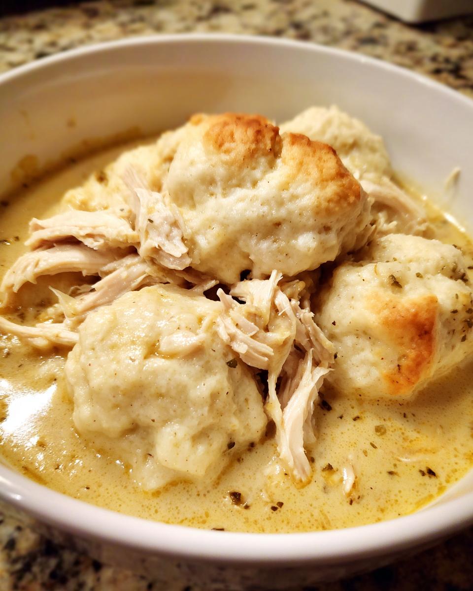Close-up of a white bowl filled with creamy slow cooker chicken and dumplings, featuring shredded chicken and fluffy biscuits.