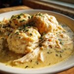 Close-up of three fluffy dumplings atop shredded chicken in a rich, creamy sauce, perfect for slow cooker chicken and dumplings.