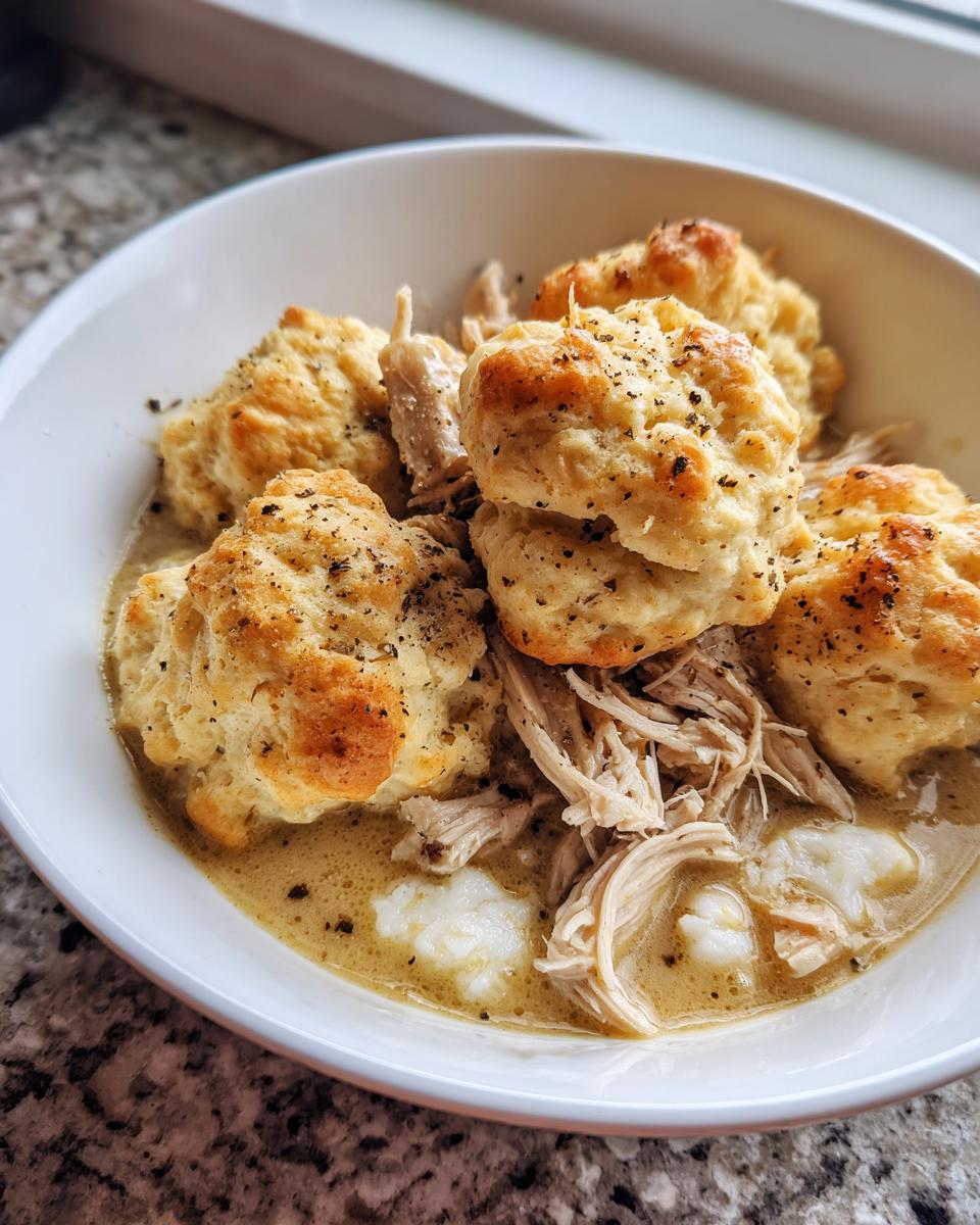 A close-up of a white bowl filled with shredded chicken, savory gravy, and fluffy biscuits from slow cooker chicken and dumplings.