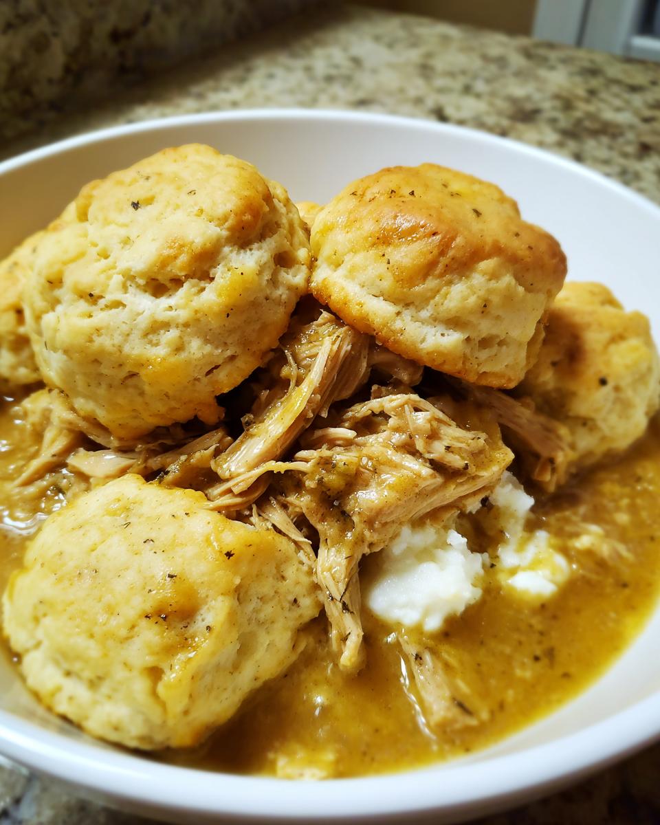 A close-up of a white bowl filled with shredded chicken, savory gravy, and fluffy biscuits, representing slow cooker chicken and dumplings.
