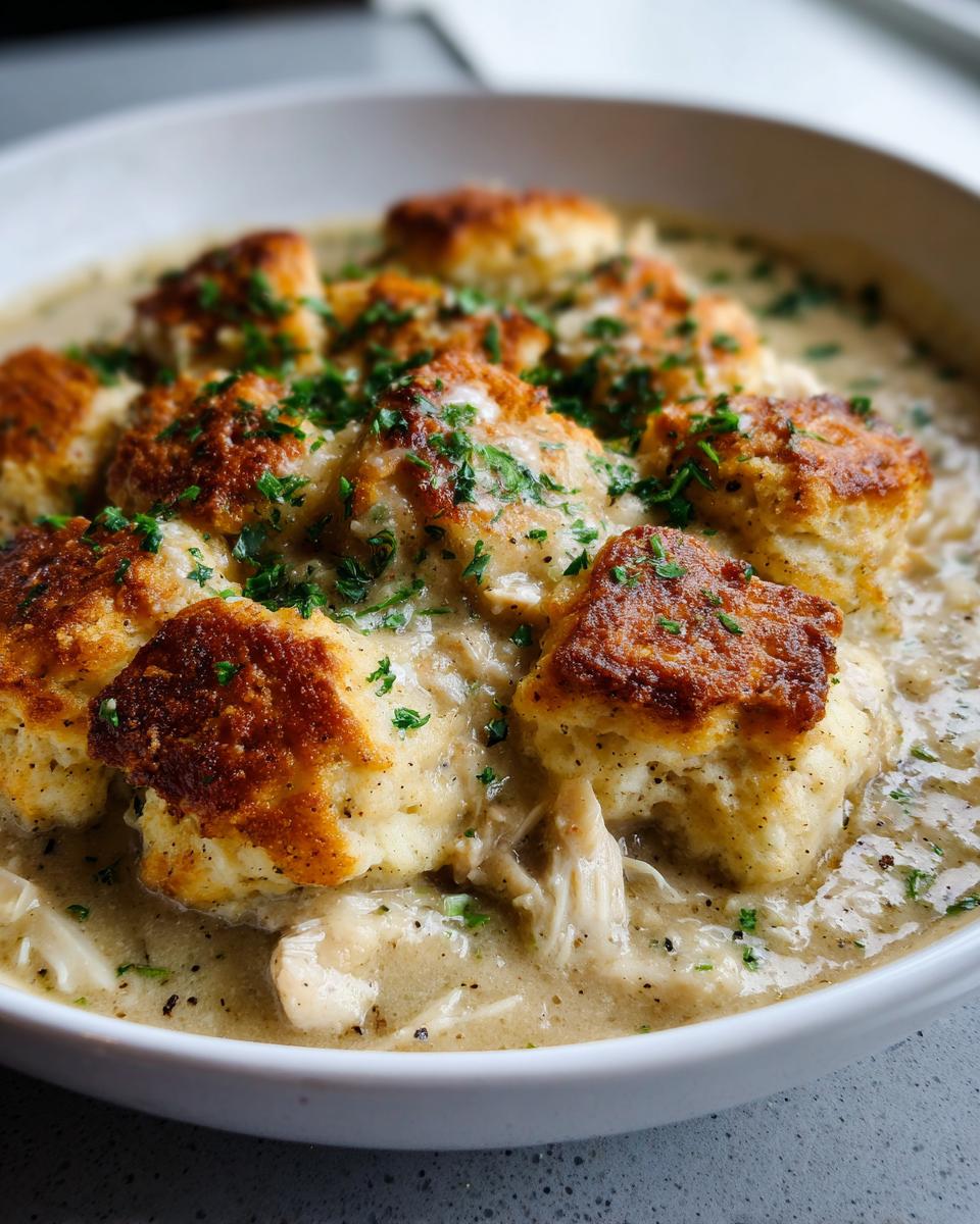 Close-up of a bowl of creamy slow cooker chicken and dumplings topped with golden-brown biscuits and fresh parsley.