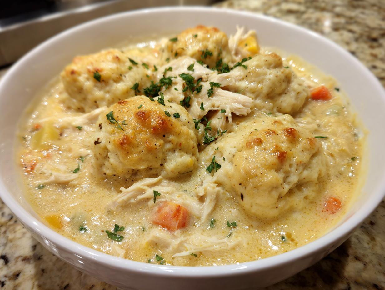Close-up of a hearty bowl of slow cooker chicken and dumplings, featuring fluffy dumplings and shredded chicken in a creamy sauce.