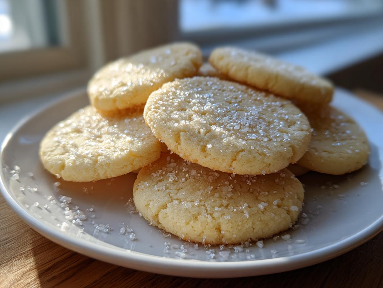 A stack of freshly baked, round soft sugar cookies sprinkled generously with coarse sugar crystals.