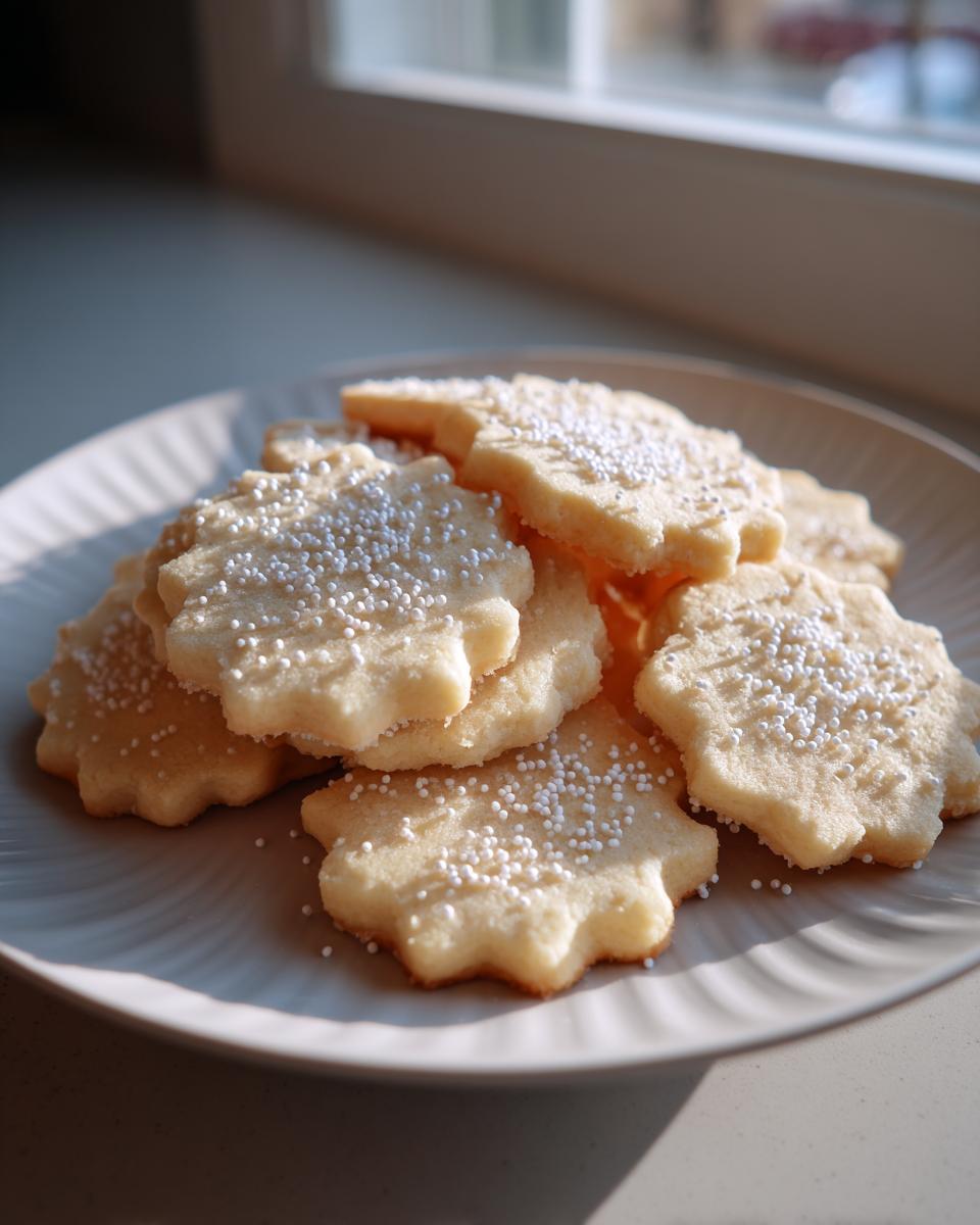 A stack of freshly baked, light golden soft sugar cookies shaped like flowers, topped with white nonpareils, sitting on a plate near a window.