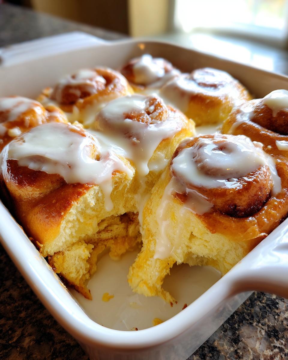 A close-up of freshly baked sourdough discard cinnamon rolls covered in white icing in a white baking dish.