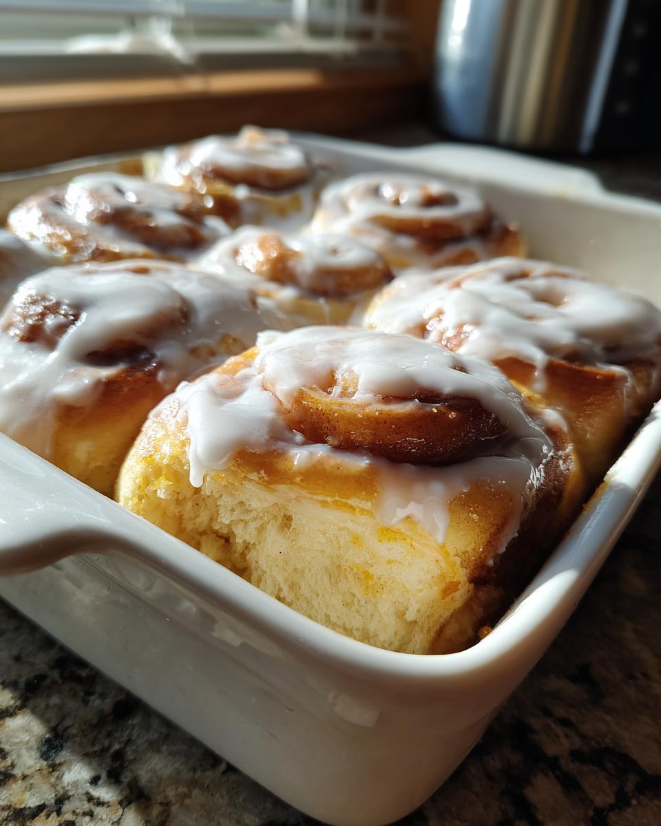 Close-up of freshly baked sourdough discard cinnamon rolls covered in thick white icing in a white baking dish.