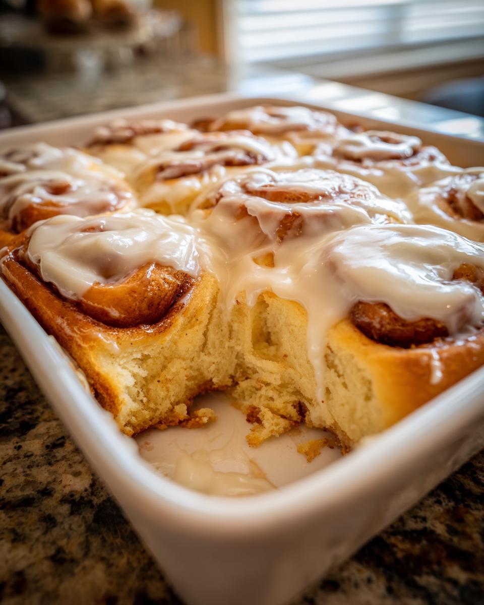 Close-up of gooey sourdough discard cinnamon rolls baked together in a white dish, topped with thick white icing.