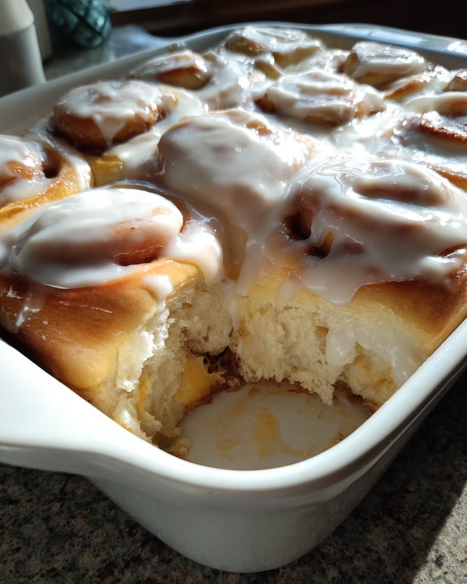 A close-up of freshly baked sourdough discard cinnamon rolls covered in thick white icing in a white baking dish.