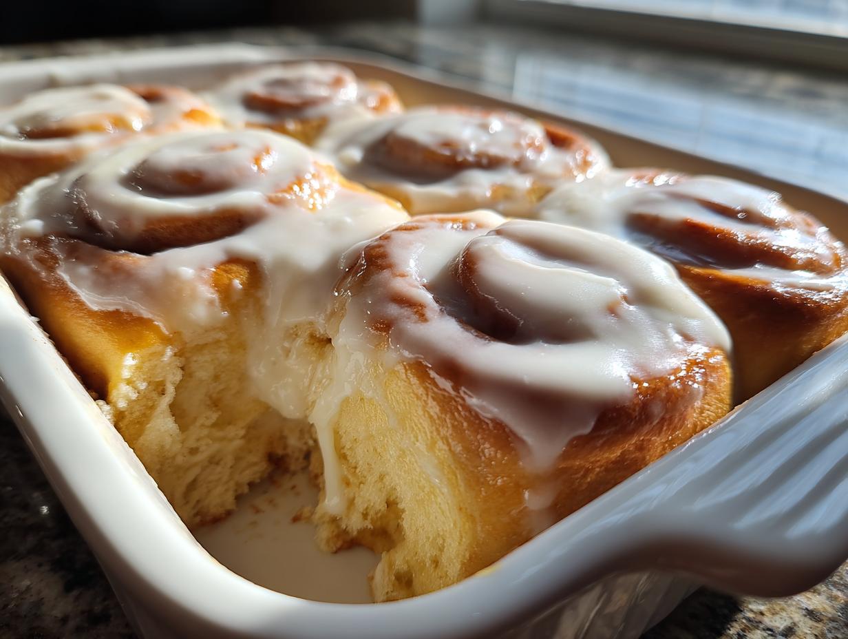 Close-up of freshly baked sourdough discard cinnamon rolls topped with thick white icing in a white baking dish.
