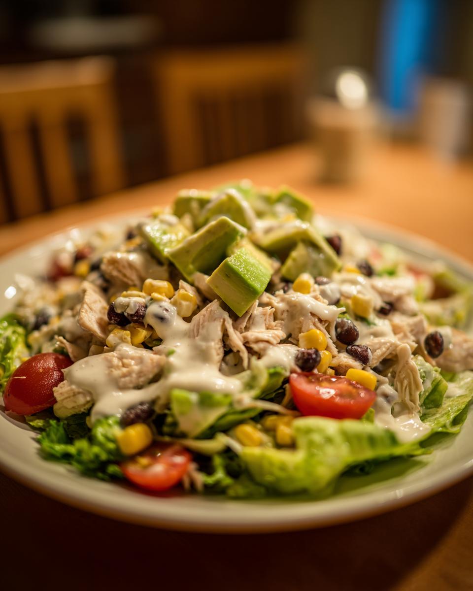 A close-up of a fresh southwest chicken salad topped with diced avocado, corn, black beans, and creamy dressing.