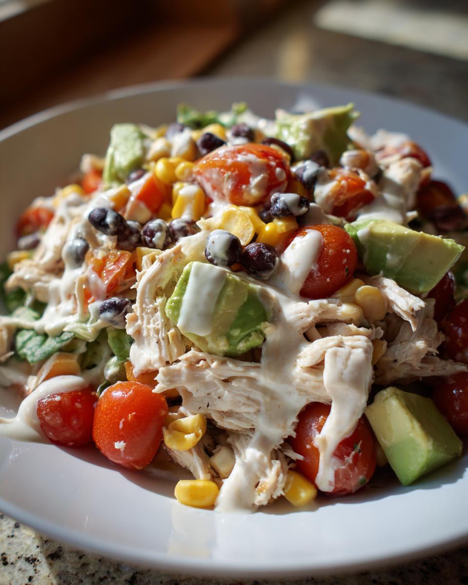 Close-up of a vibrant southwest chicken salad featuring shredded chicken, avocado, cherry tomatoes, corn, and black beans drizzled with white dressing.