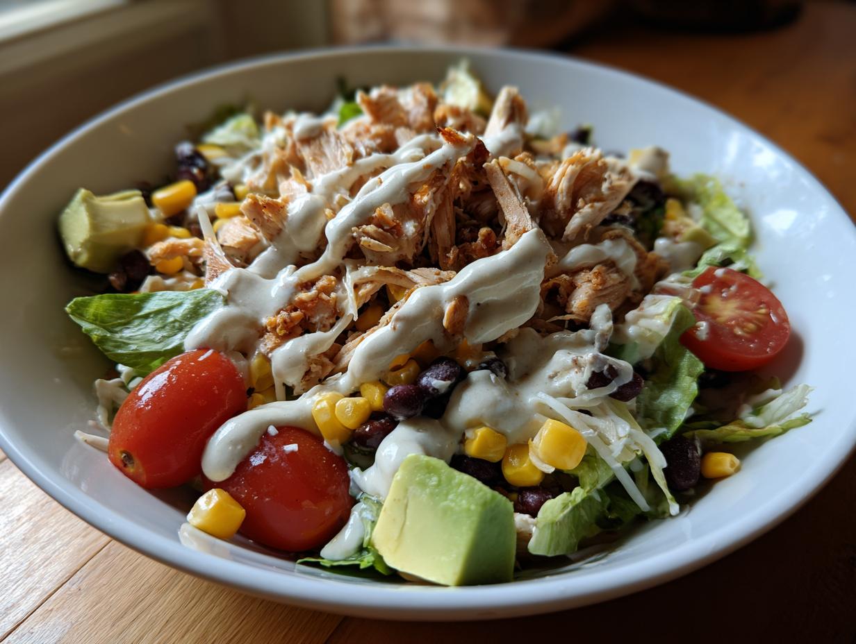 Close-up of a vibrant southwest chicken salad featuring shredded chicken, corn, black beans, avocado, and cherry tomatoes, drizzled with creamy dressing.
