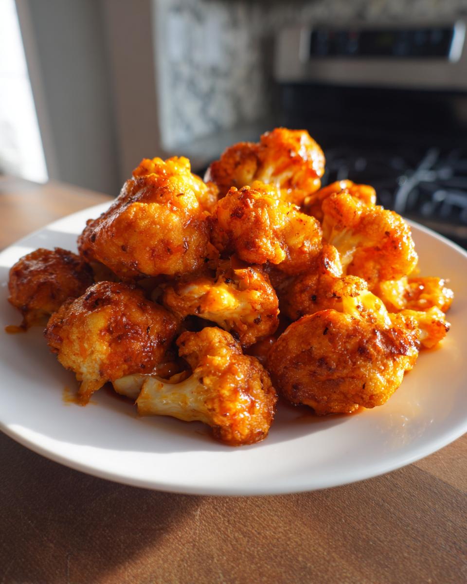 A pile of crispy, orange-glazed buffalo cauliflower bites served on a white plate.