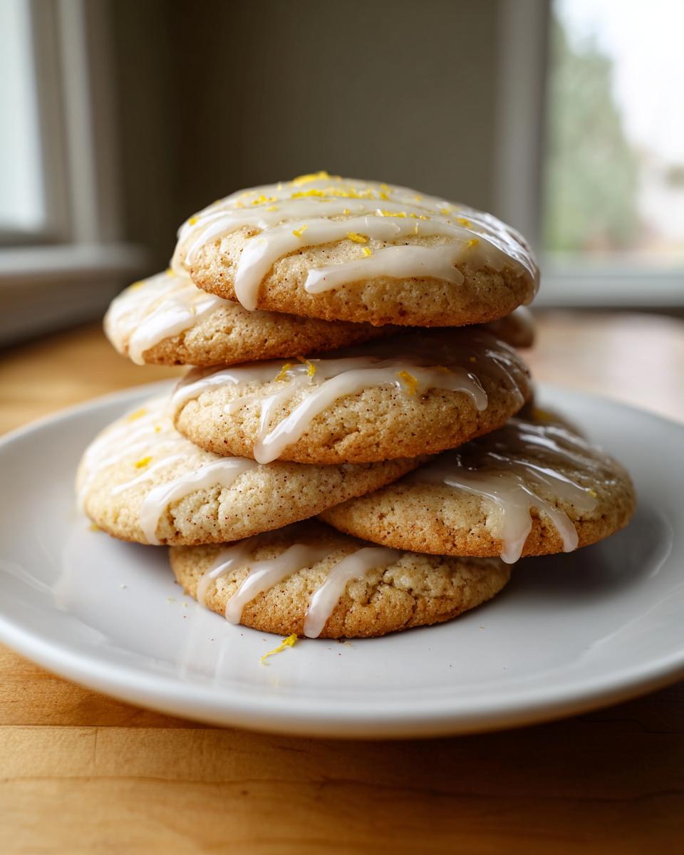 A stack of five glazed earl grey cookies topped with bright yellow lemon zest on a white plate.