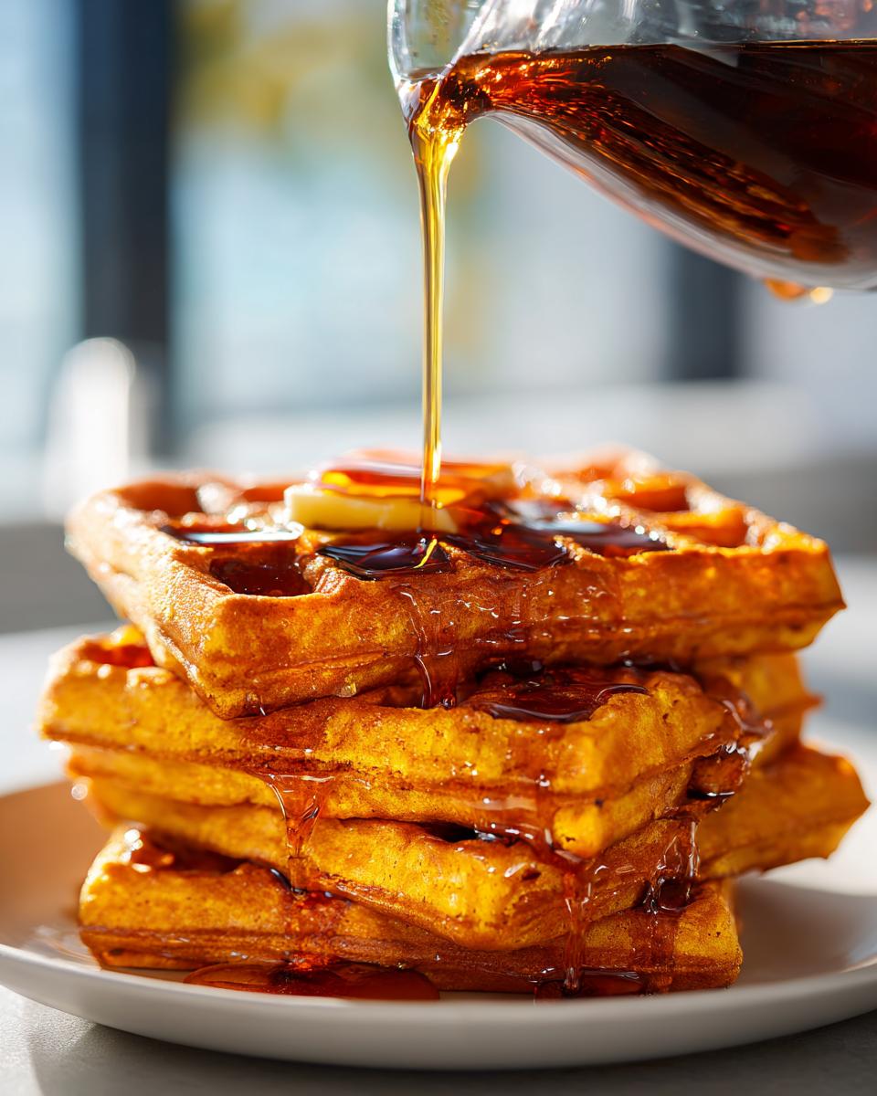 A tall stack of golden pumpkin waffles being drizzled generously with maple syrup.