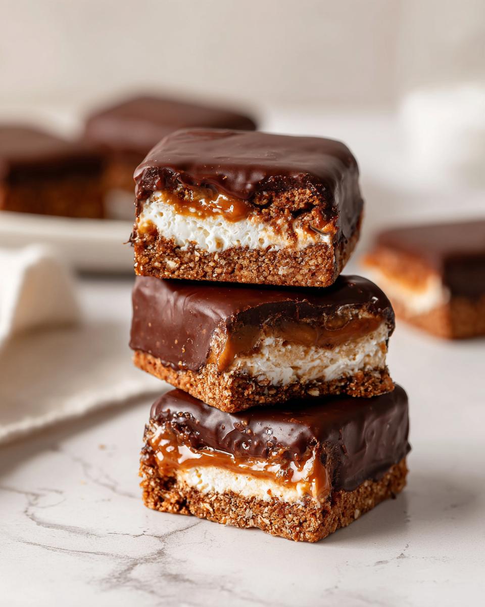 Three stacked squares of rich buckeye graham crackers layered with marshmallow, caramel, and dipped in dark chocolate.