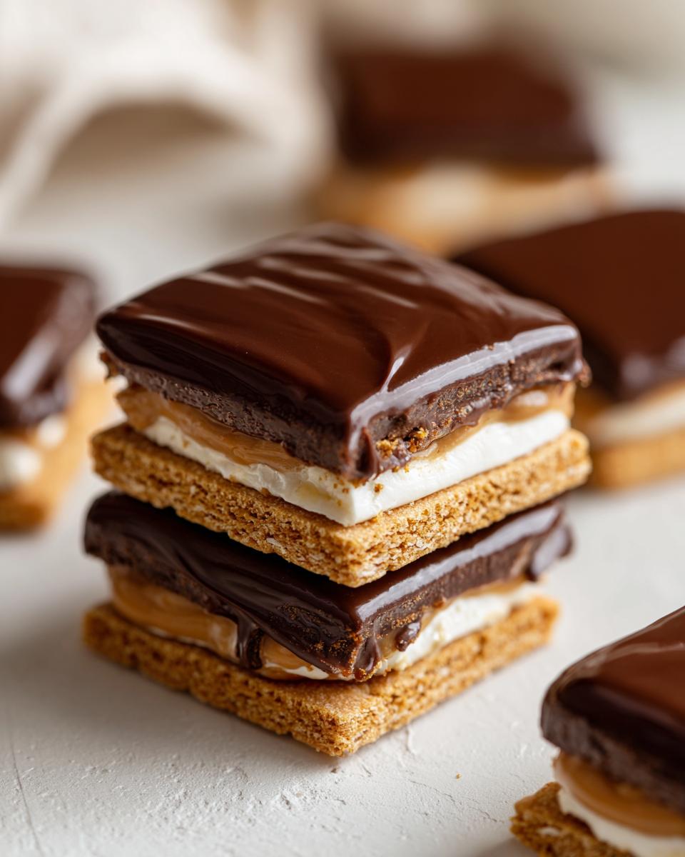 A stack of two rich buckeye graham crackers treats layered with marshmallow and caramel, topped with glossy chocolate ganache.