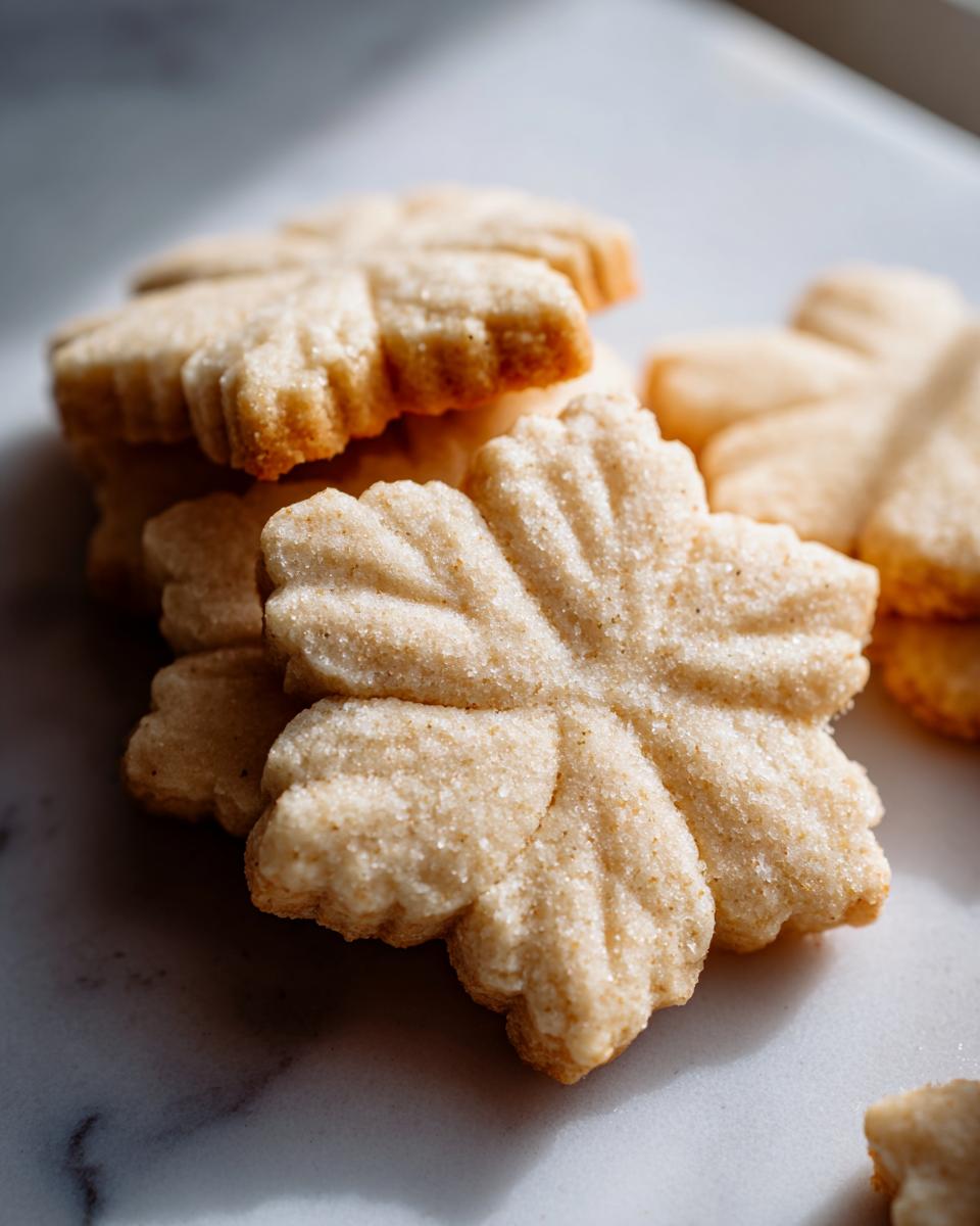 Close-up of beautifully stamped, lightly browned vegan sugar cookies dusted with coarse sugar.