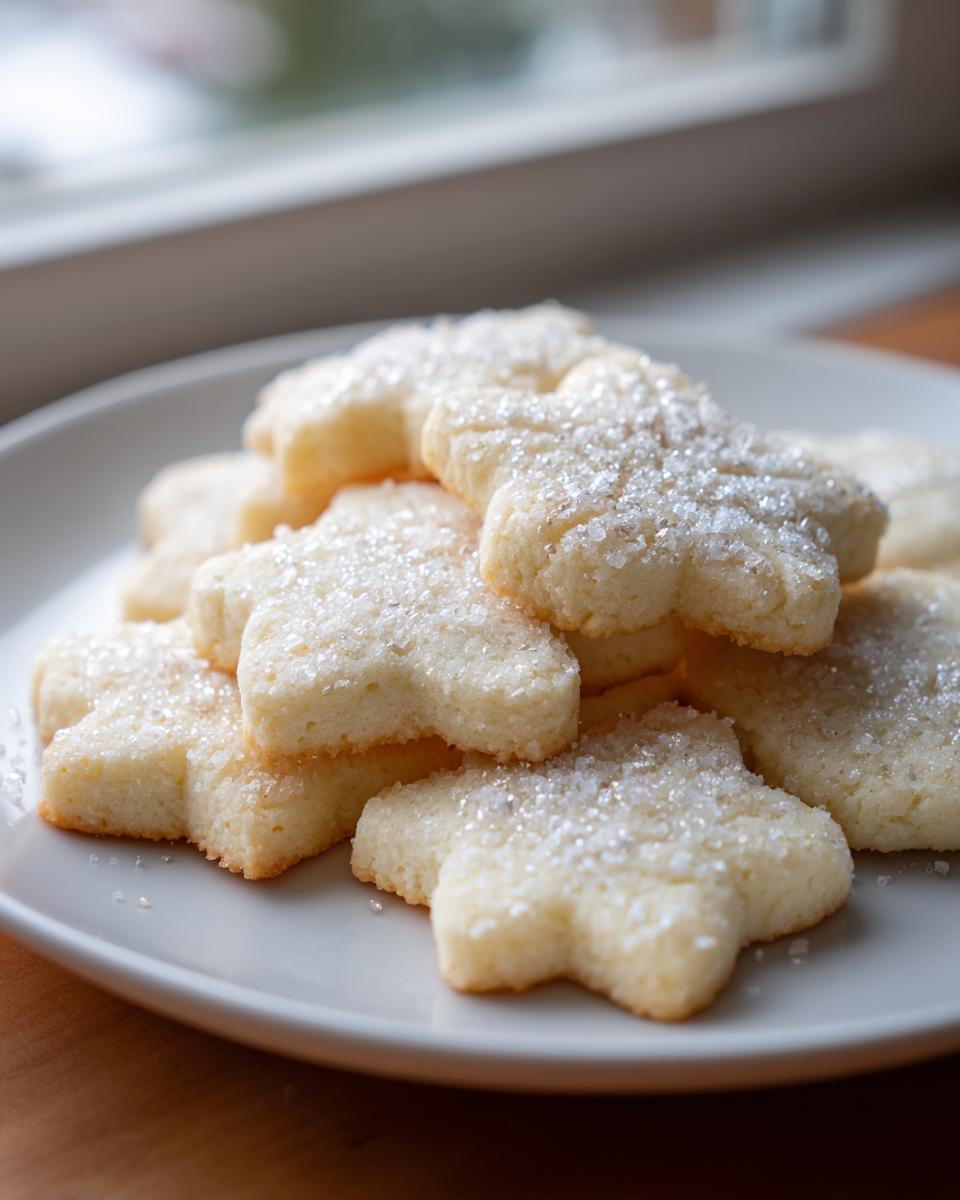 A stack of star-shaped soft sugar cookies generously sprinkled with coarse sugar crystals.