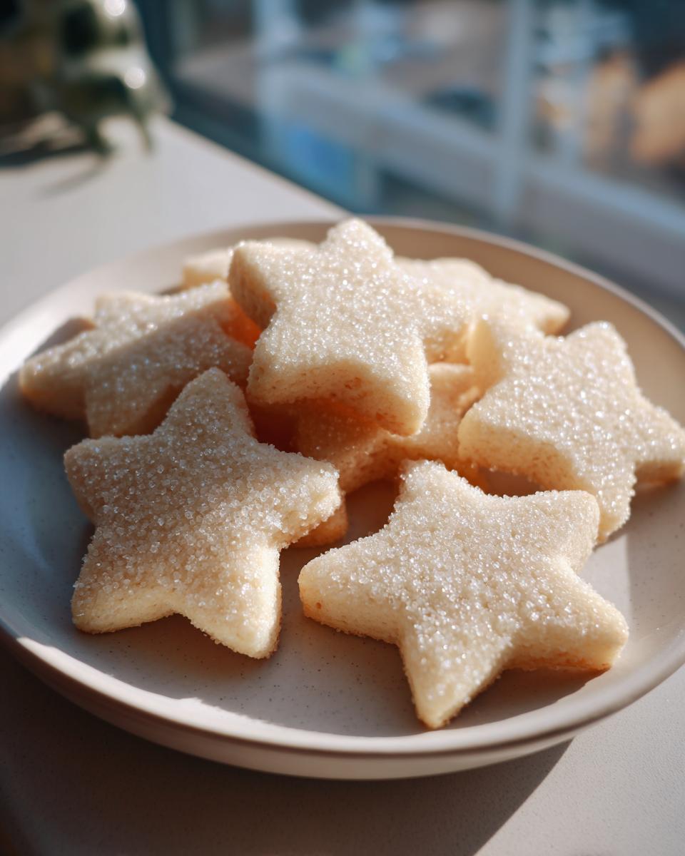 A pile of freshly baked, star-shaped soft sugar cookies generously coated in sparkling white sugar on a light plate.