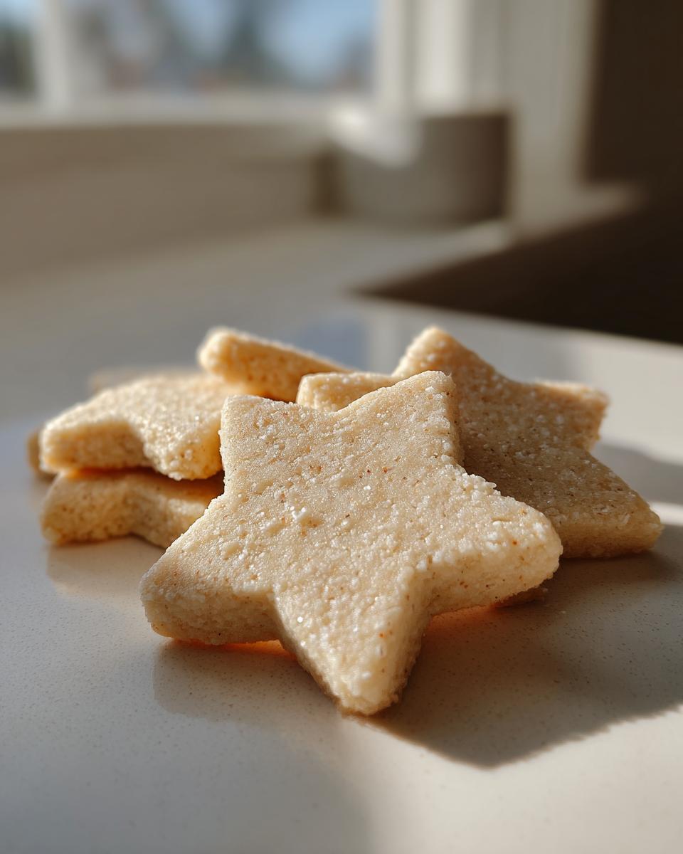 Close-up of star-shaped vegan sugar cookies dusted with coarse sugar, sitting on a light countertop.