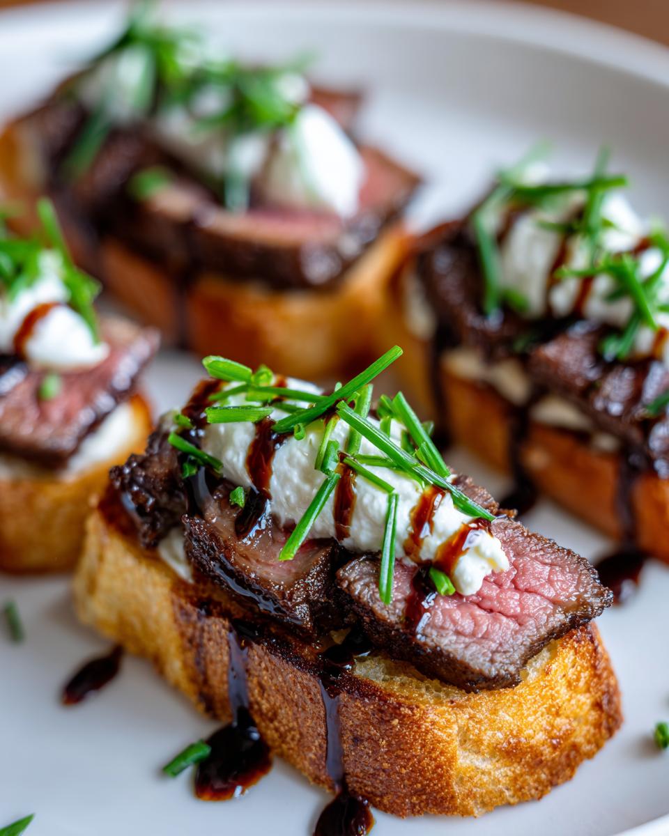 Close-up of perfectly cooked steak crostini bites topped with white cheese, balsamic glaze, and fresh chives.