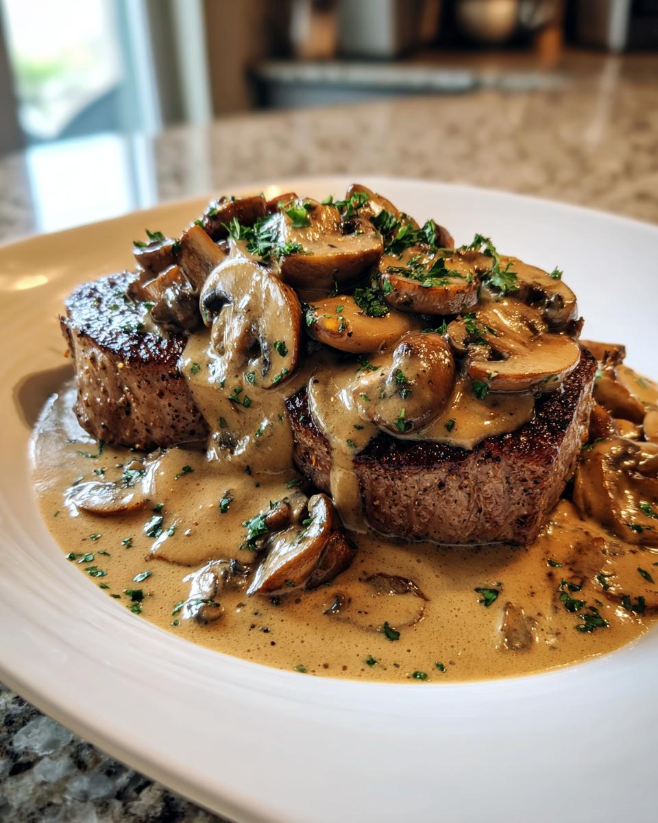Two seared steaks generously covered in a creamy mushroom sauce and sliced sautéed mushrooms, garnished with parsley.