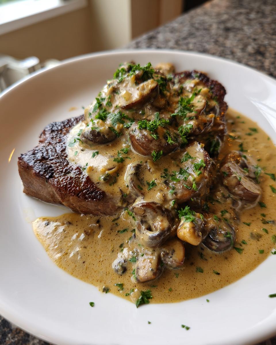A perfectly cooked steak generously covered in a rich, creamy mushroom sauce and fresh parsley.