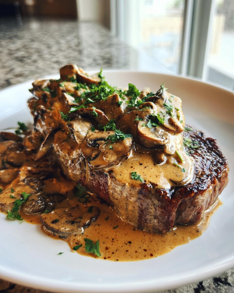 A perfectly cooked steak generously covered in creamy mushroom sauce and fresh parsley.