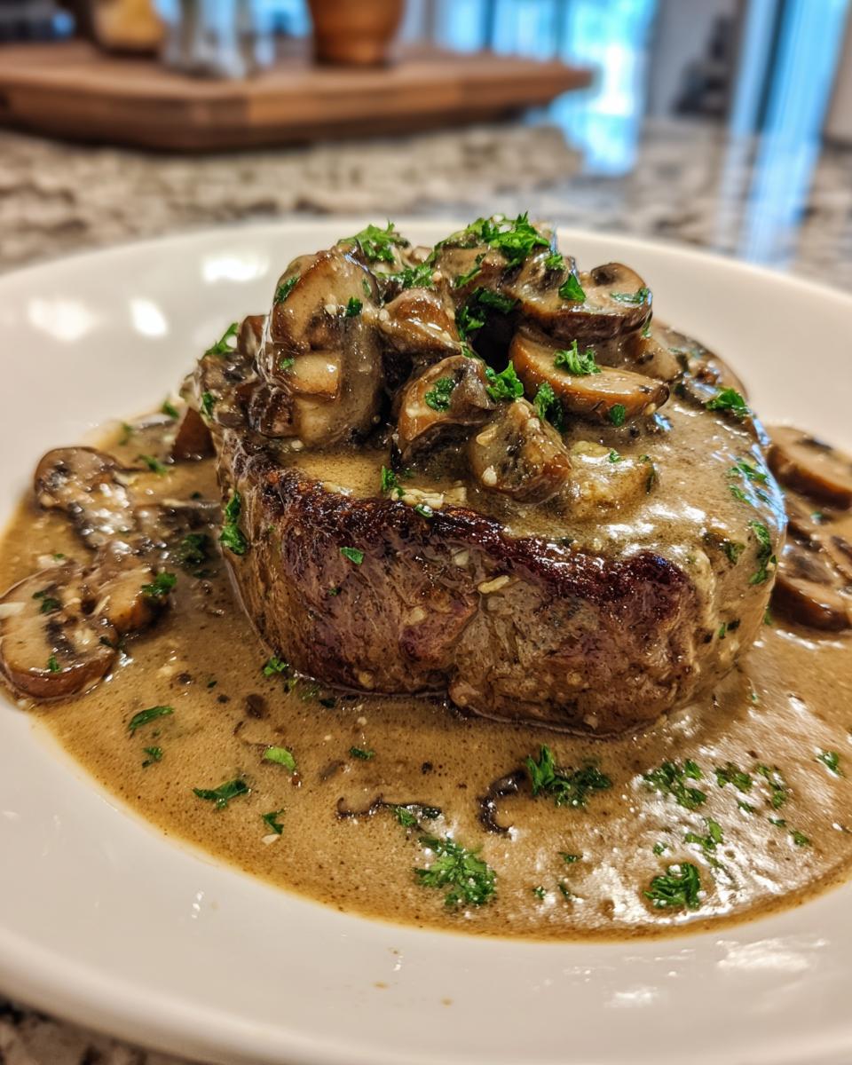 A perfectly cooked steak smothered in a rich, creamy mushroom sauce and topped with fresh parsley.