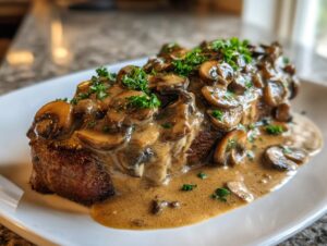 A perfectly cooked steak generously covered in creamy mushroom sauce and fresh parsley.