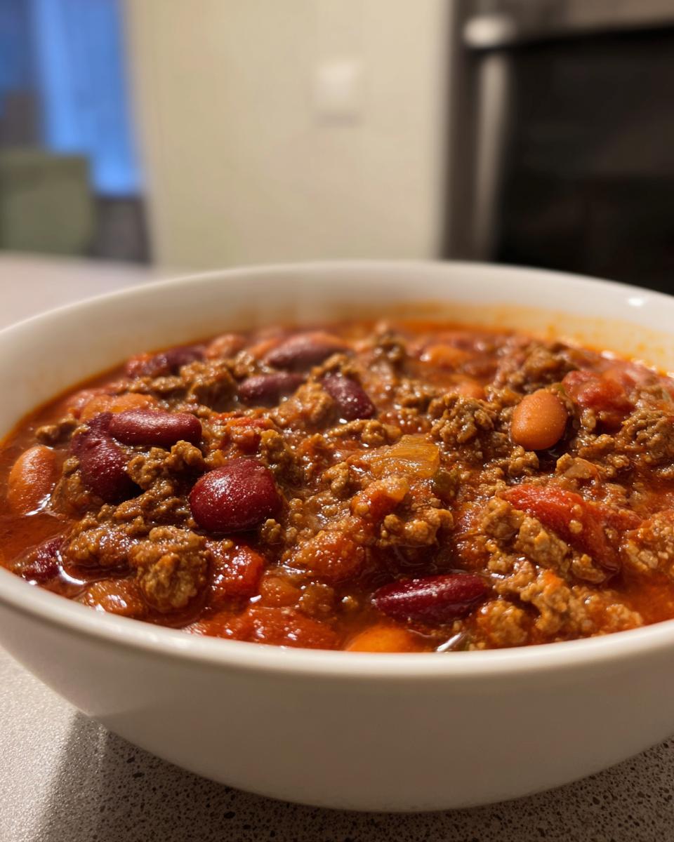 Close-up of a steaming white bowl filled with rich, hearty high protein chili featuring ground meat and kidney beans.