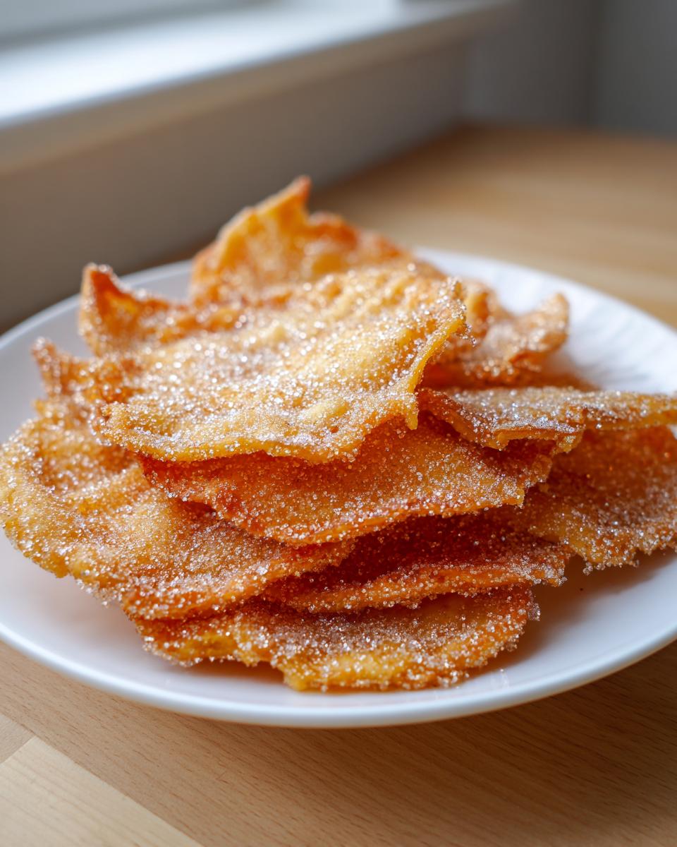 A stack of crispy, golden-brown buñuelos generously coated in sparkling sugar, served on a white plate.