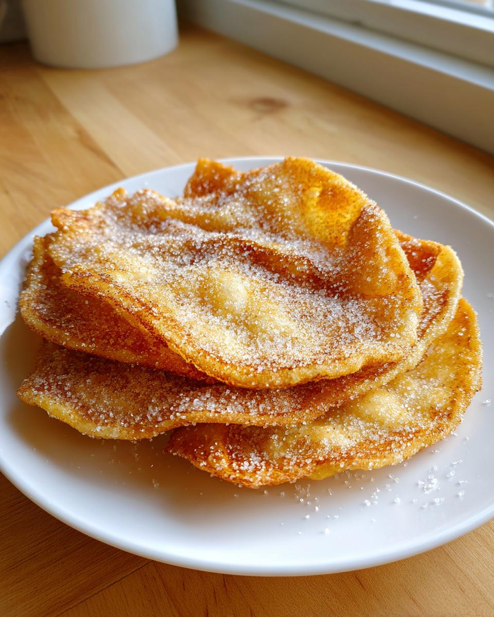A stack of golden-brown, crispy buñuelos generously dusted with granulated sugar, served on a white plate.