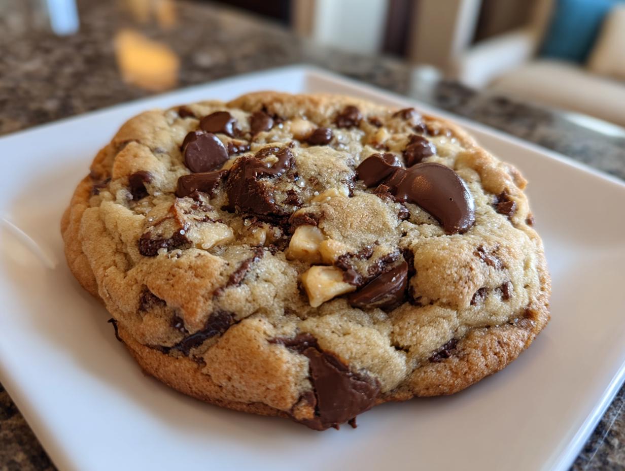 A thick, gooey levain bakery chocolate chip cookie loaded with large chocolate chunks on a white plate.