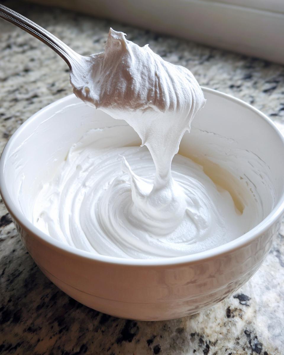 A spoonful of thick, glossy white royal icing recipe mixture being lifted from a white bowl.