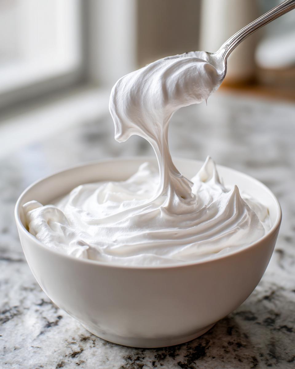 A spoonful of thick, glossy white royal icing recipe being lifted from a white bowl on a granite countertop.
