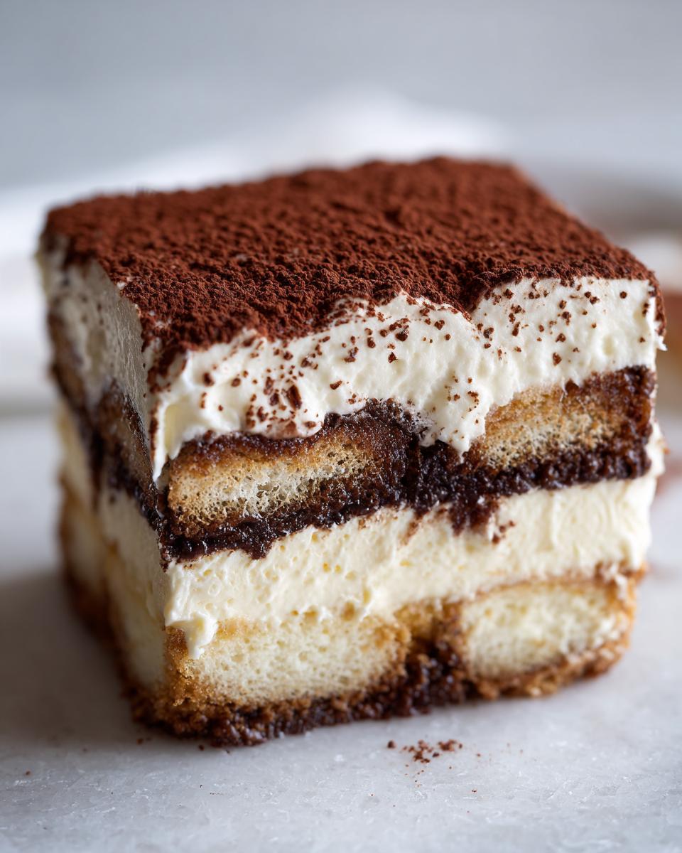 Close-up of a square slice of tiramisu cheesecake showing distinct layers of cream, coffee-soaked ladyfingers, and cocoa powder dusting.