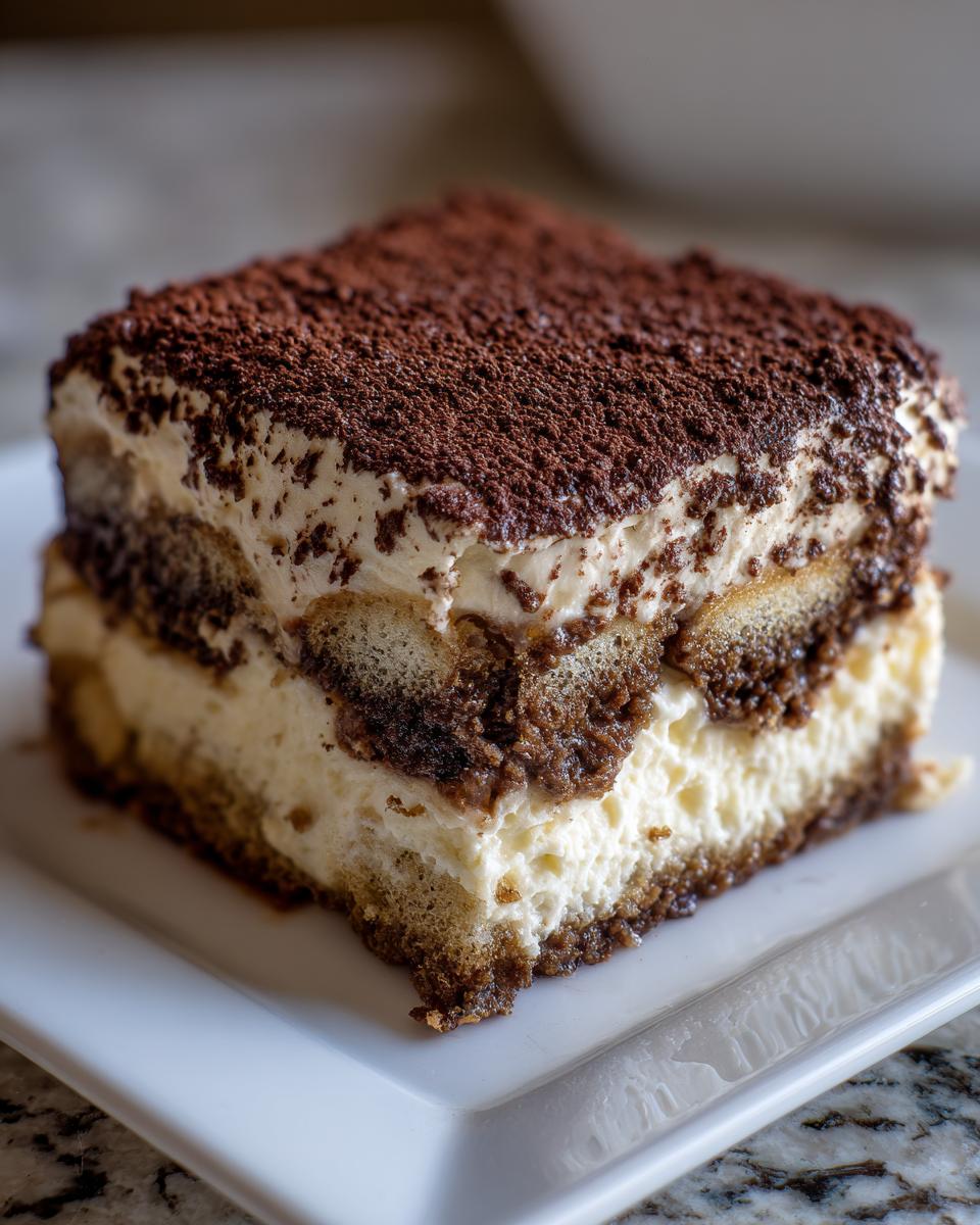 Close-up of a decadent slice of tiramisu cheesecake layered with cream and coffee-soaked ladyfingers, topped with cocoa powder.