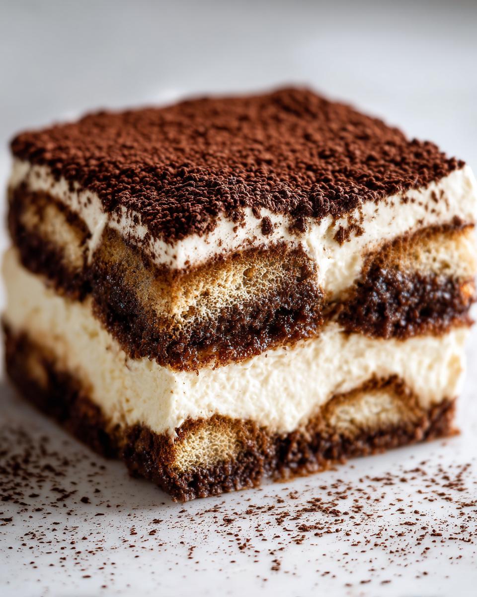 Close-up of a square slice of tiramisu cheesecake featuring layers of cream and coffee-soaked ladyfingers, topped heavily with cocoa powder.