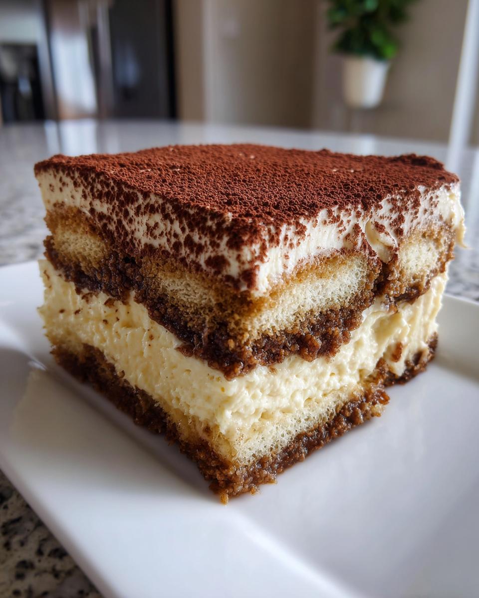 A thick, layered slice of tiramisu cheesecake dusted heavily with cocoa powder, sitting on a white plate.