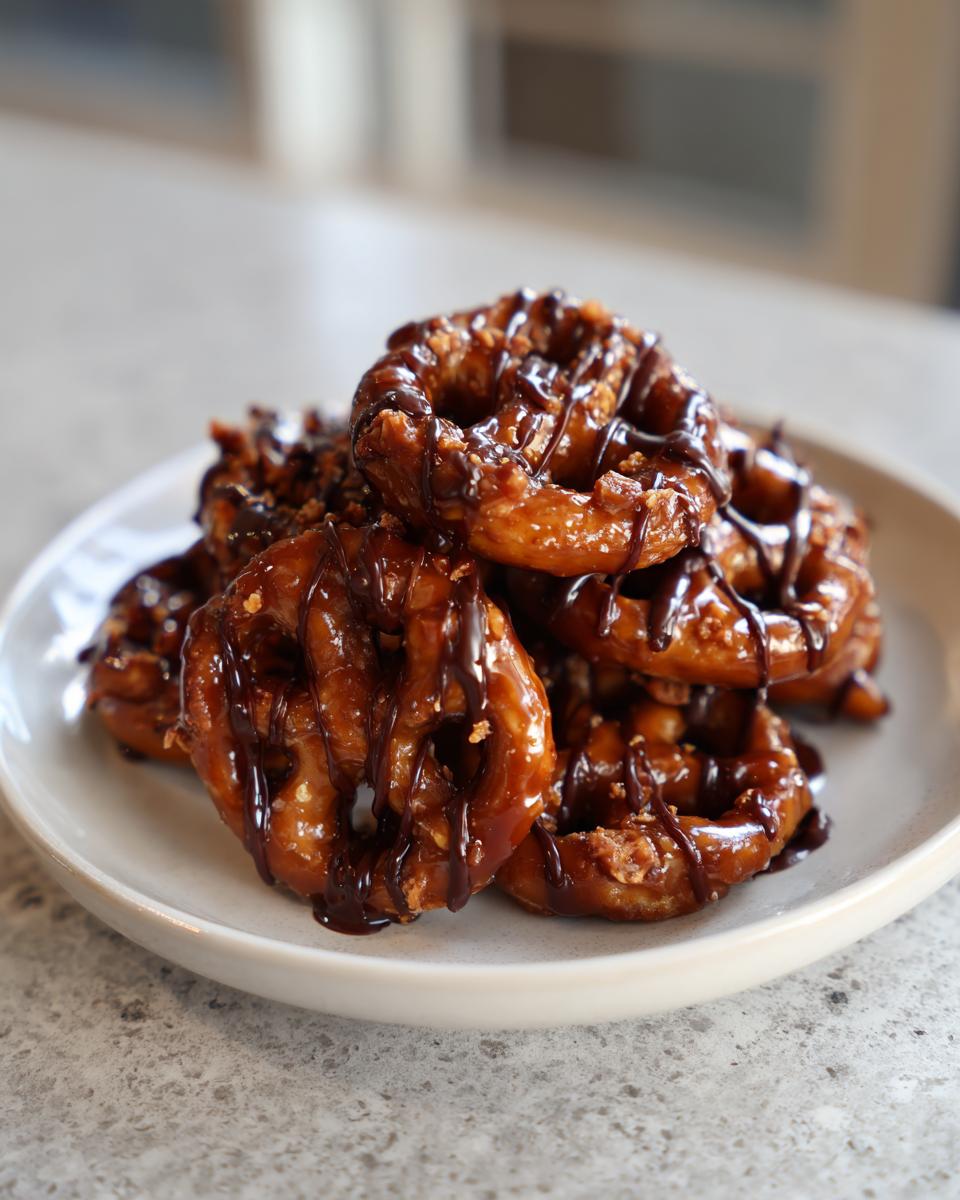 A stack of homemade toffee pretzels coated in caramel and drizzled heavily with dark chocolate.
