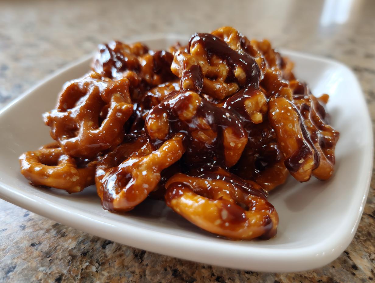 A close-up of crunchy pretzels coated in shiny toffee and drizzled with dark chocolate, making amazing toffee pretzels.