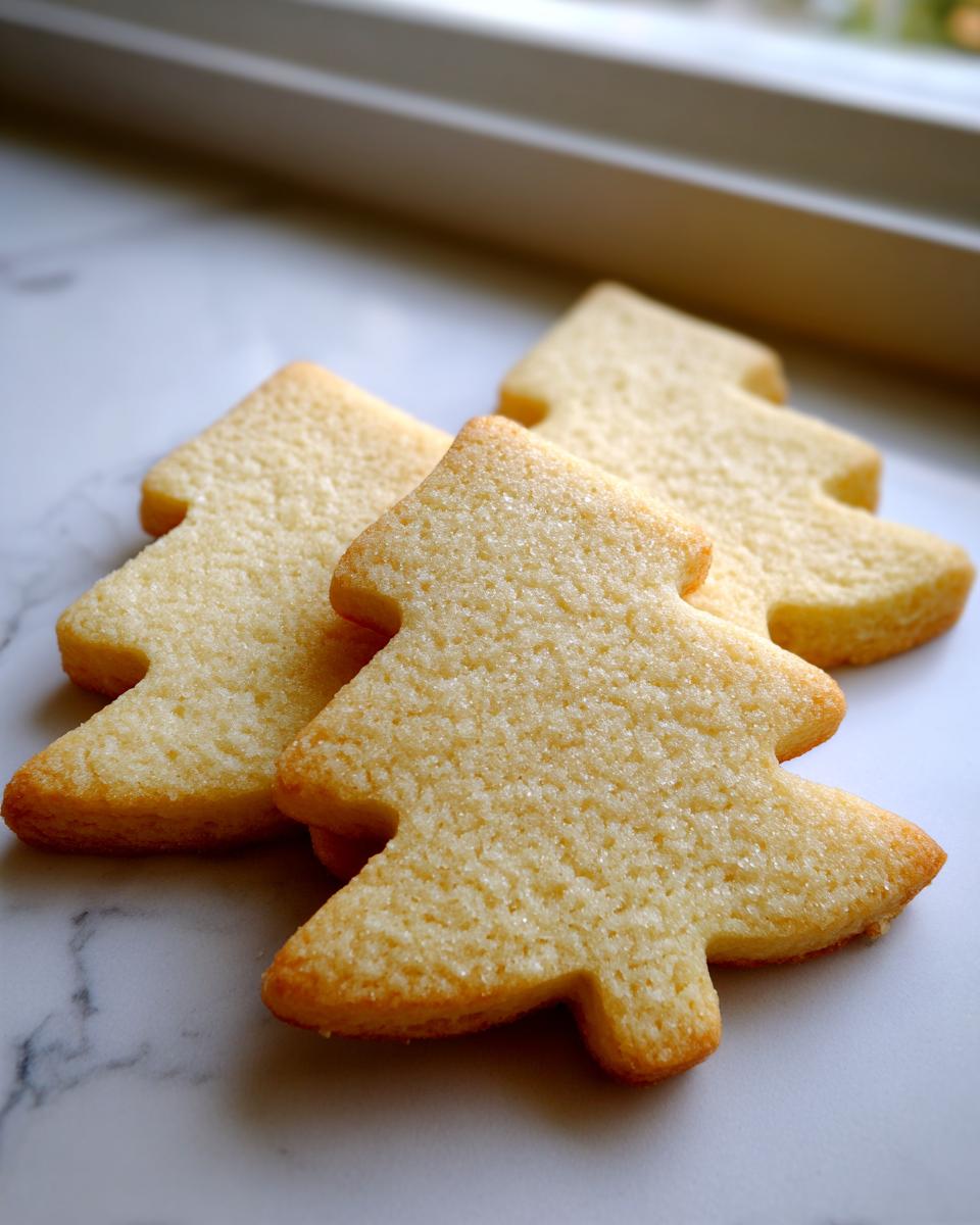 Three golden-brown, tree-shaped vegan sugar cookies dusted with sugar crystals on a white marble surface.