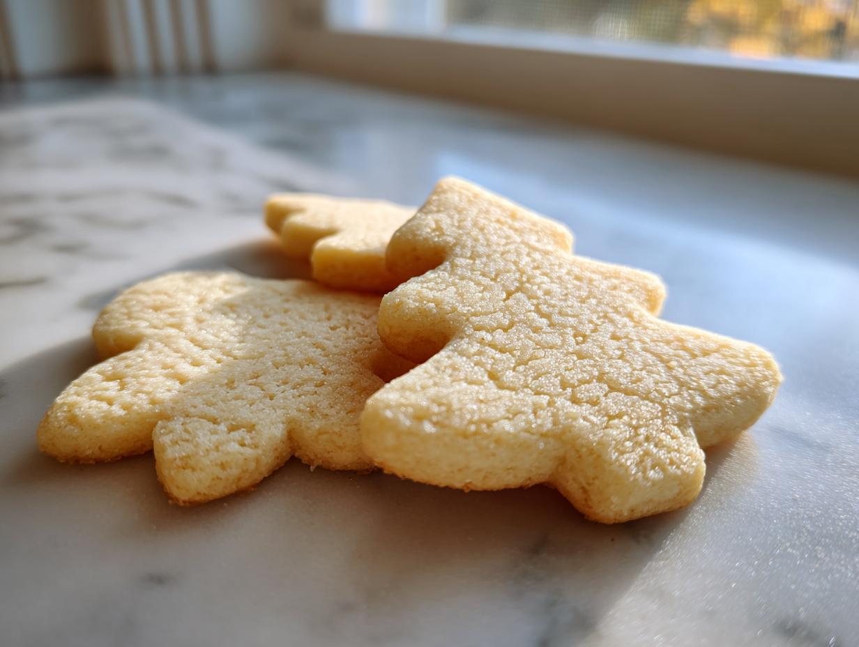 Close-up of three pale, tree-shaped vegan sugar cookies resting on a marble surface near a window.